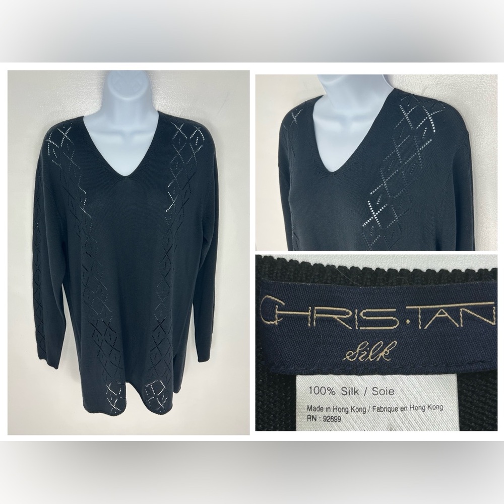 Chris Tan 100% Silk Sweater Size Small Quiet Luxury Dark Academia‎ Office